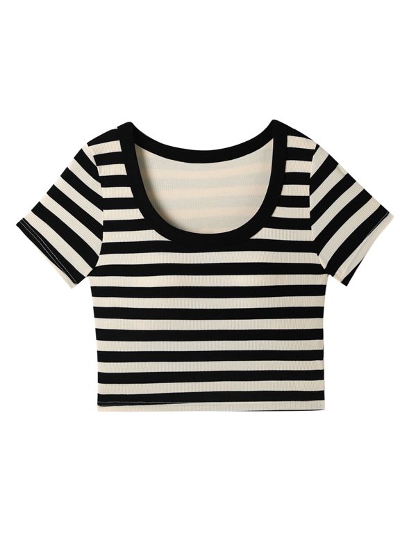 Crochet Striped Track Gym Lounge Running Tee Shirts for Kids Girl Boy Fall Summer Short Sleeve Boat Neck Spandex Tops Shirt Kid 2026 Clothes Trendy