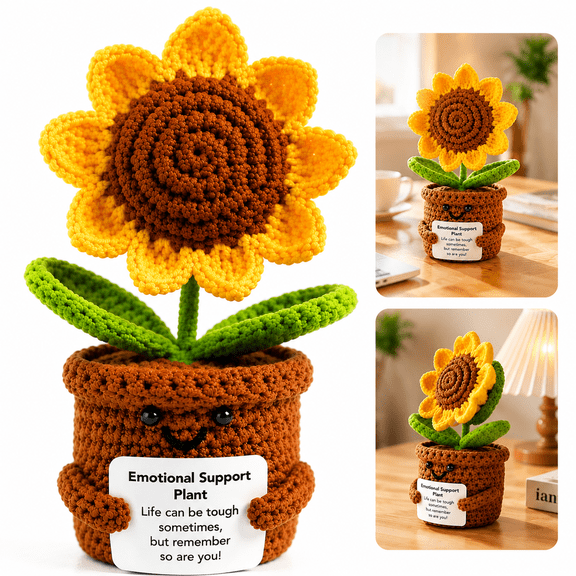 Crochet Sunflower Artificial Flowers for Decorations Funny Positive Gifts for Women Emotional Support Plush Plant for Home Office Desk Car Decor