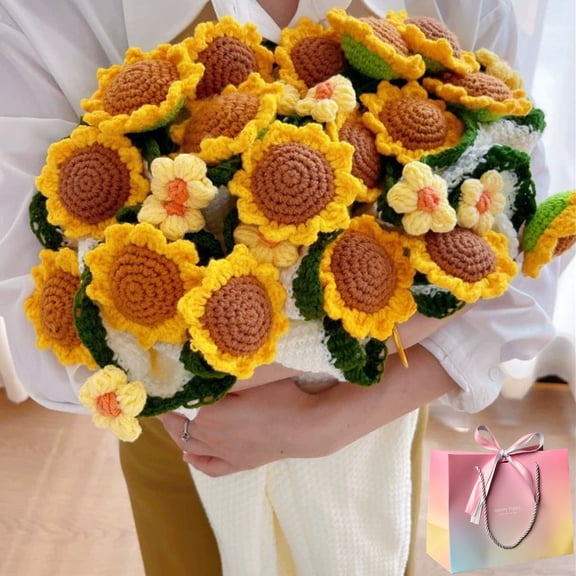Crochet Sunflower Bouquet Blanket, Handmade Flower Blanket,Round Floral Throw for Bed Couch Home Decor,2-in-1 Knitted Blankets for Valentine's Day (Sunflower,80cm/32in)