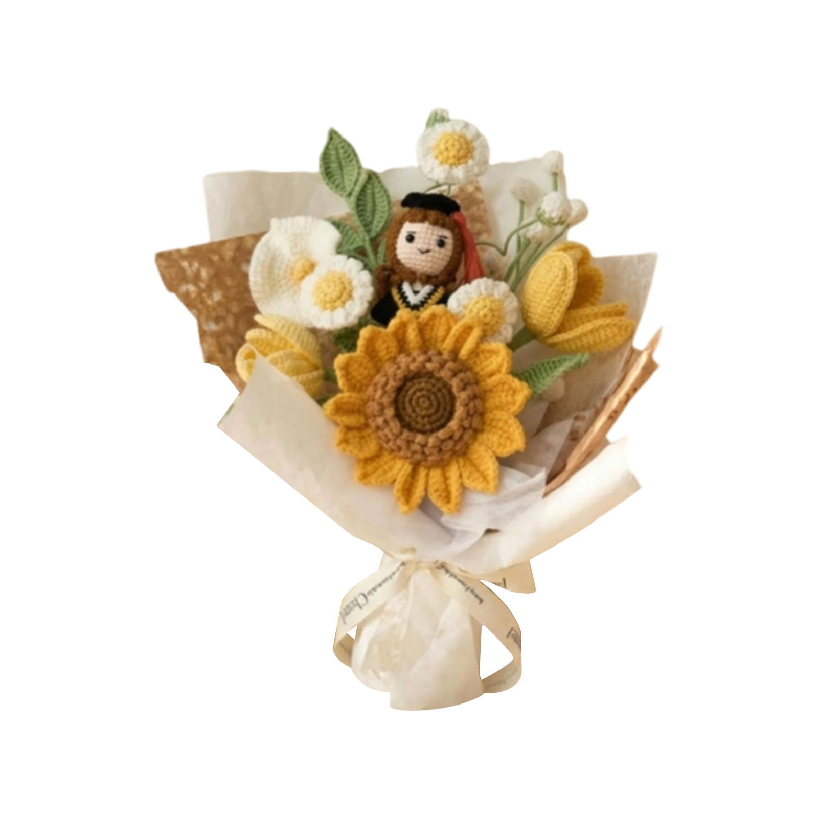 Crochet Sunflower Bouquet, Knitted Floral Gift, Artificial Crochet Flowers, Grad Bouquet Gift, Handmade Knit Bouquet, Sunflower Crochet Decor, Grad Greeting Gift, Doll Bouquet for Grad