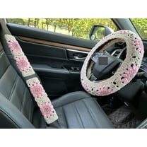 Crochet Sunflower Car Steering Wheel Covers Light Pink Universal 14-15 inch for Women/Men (Steering Wheel Cover 2 Belt Cover)