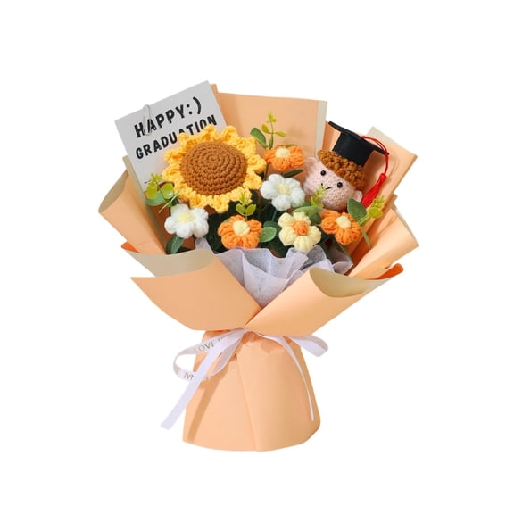 Crochet Sunflower Graduation Bouquet Handmade Yarn Floral Arrangement Eternal Keepsake Gift Graduation Ceremony Decor Photo Prop Desk Office Dorm Room Party Celebration Display Ornament