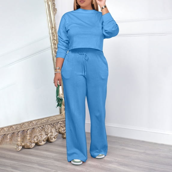 Crochet Sweater Sets for Women Women's 2 Piece Outfits Long Sleeve Cropped Tops Drawstring Wide Leg Pants with Pockets Tracksuits Casual Sweatsuit Set Blue S