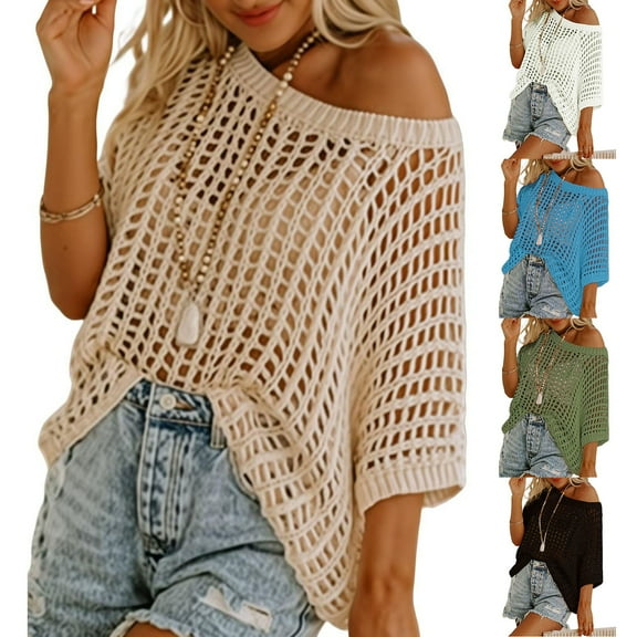 Crochet Sweaters Tops For Women Boho Beach Summer Scoop Neck Short Sleeve Casual Shirts Hollow Out Knit Tops Pullover Coverup
