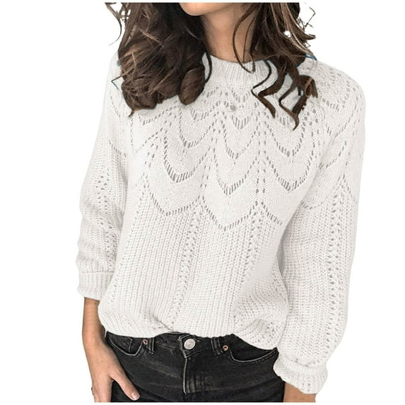 Crochet Sweaters for Women 2023 Fall Elegant Crewneck Hollow Cable Knit Pullover Soft Comfy Long Sleeve Sweater Jumper Tops