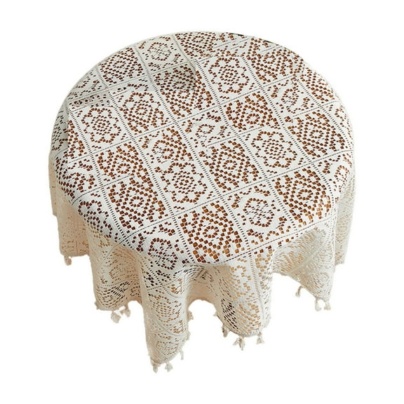Crochet Tablecloth, Round Table Cover, Vintage Style Lace Beige Table Mat for Dining Room, Non Slip Polyester Table Decoration for Wedding and Home Party