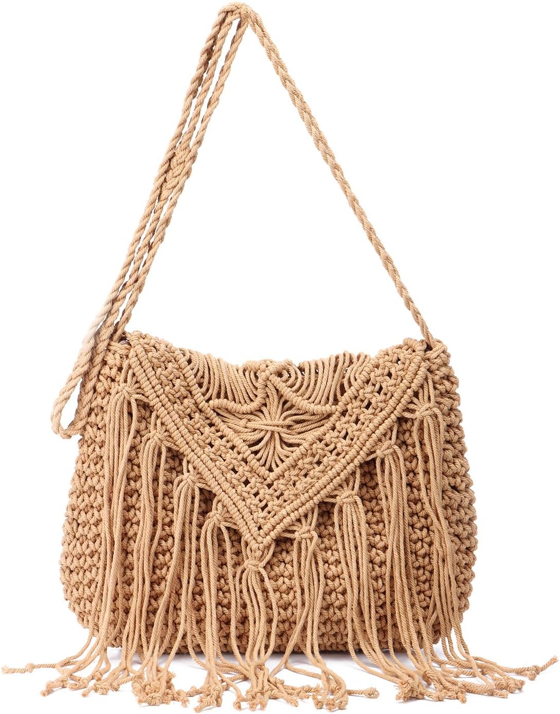 Crochet Tassel Shoulder Bag Handwoven Fringed Purse White Purse Summer Beach Bag Ethnic Boho Tassel Purse