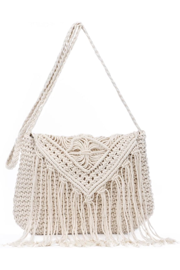 Crochet Tassel Shoulder Bag Handwoven Fringed Purse White Purse Summer Beach Bag Ethnic Boho Tassel Purse
