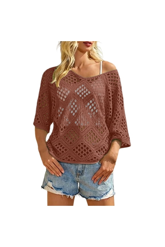 Crochet Top For Women，Womens 3/4 Sleeve Tops Summer Sweaters For Women Crochet Pullover Knit Tops For Women Pullover Sweater Shirts Summer Crochet Sweater Fish Net Cover Up