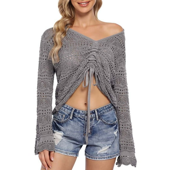 Crochet Top Womens Boho Sheer Crop Tops Drawstring Knitted Cover Up Blouse Bell Sleeve Beachwear
