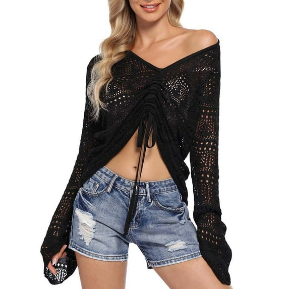Crochet Top Womens Boho Sheer Crop Tops Drawstring Knitted Cover Up Blouse Bell Sleeve Beachwear