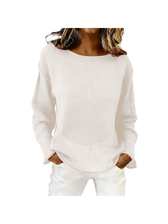 Crochet Top, Yigetop Women's Mesh Long Sleeve Tops Boat Neck See Through Sweater Crochet Knit Tops Sheer Tops for Women Beige L