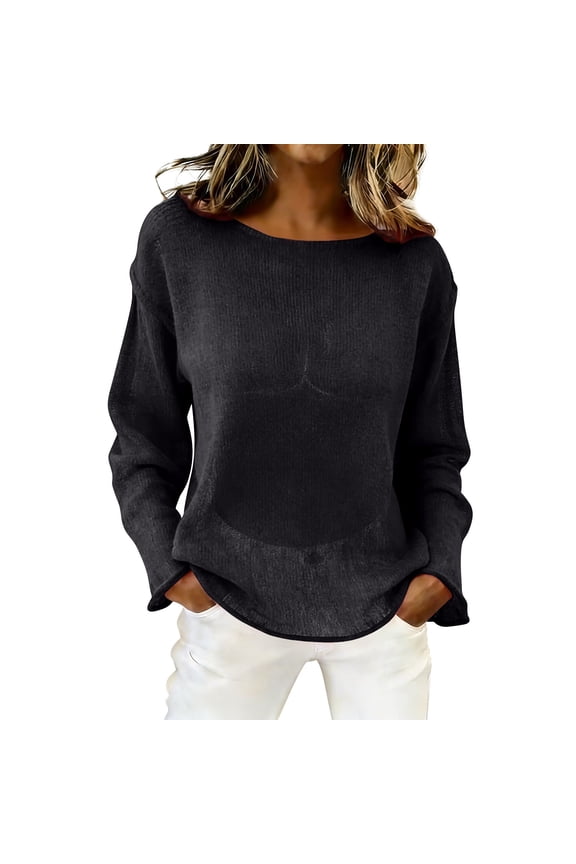 Crochet Top, Yigetop Women's Mesh Long Sleeve Tops Boat Neck See Through Sweater Crochet Knit Tops Sheer Tops for Women Brown M