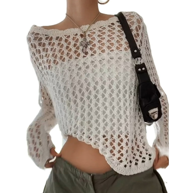 Crochet Top for Women Hollow Out Long Sleeve Knitted Sweater Pullover  Bathing Suit Cover Up Jumper Tops 