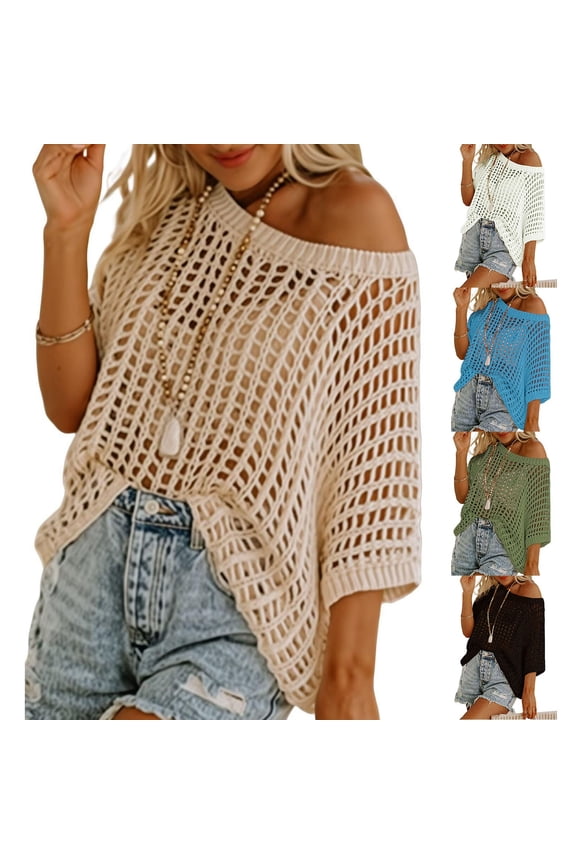 Crochet Tops For Women Boho Summer Scoop Neck Short Sleeve Sweater Casual Crochet Hollow Out Knit Tops Pullover Shirts Beach Coverup