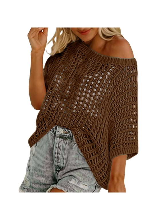 Crochet Tops For Women,Knit Tops For Women Summer Crochet Sweater Crochet Pullover Womens 3/4 Sleeve Tops Crochet Poncho Pullover Sweater Shirts Mesh Tops For Women Womens Boho Tops XL