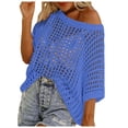 thumbnail image 1 of Crochet Tops for Women Sexy Hollow Out Off Shoulder Short Sleeve Jumper Casual Summer Knit Beach Cover Up Sweater Lightweight Oversized Baggy Pullover Tops Blue S, 1 of 7