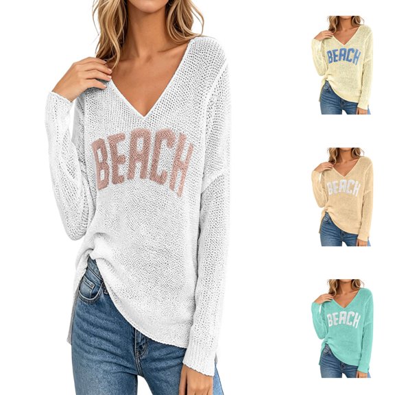 Crochet Tops for Women Beach Cover Up V Neck Letter Print Long Sleeve Pullover Summer Sweaters Split Hem Crochet Jumper Top