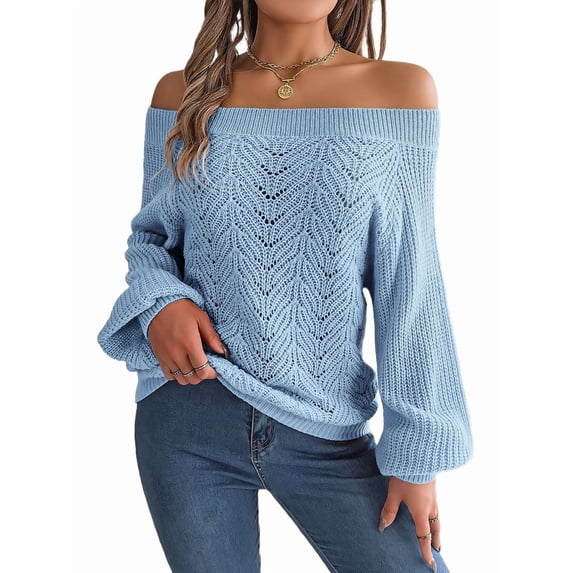 Crochet Tops for Women Off the Shoulder Sweaters Summer Long Sleeve Hollow Out Knit Beach Clothes Blue L