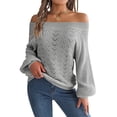 thumbnail image 1 of Crochet Tops for Women Off the Shoulder Sweaters Summer Long Sleeve Hollow Out Knit Beach Clothes Gray S, 1 of 8