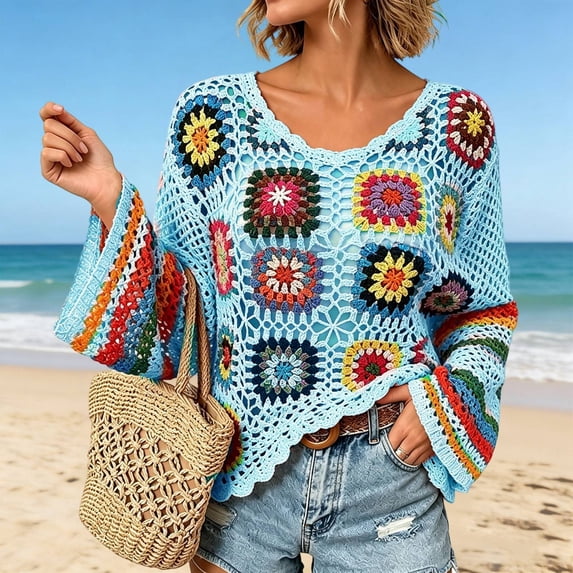 Crochet Tops for Women Spring Summer Boho Floral Shirts Coverups 2026 Summer Fall Outfits for Women(Blue,L)