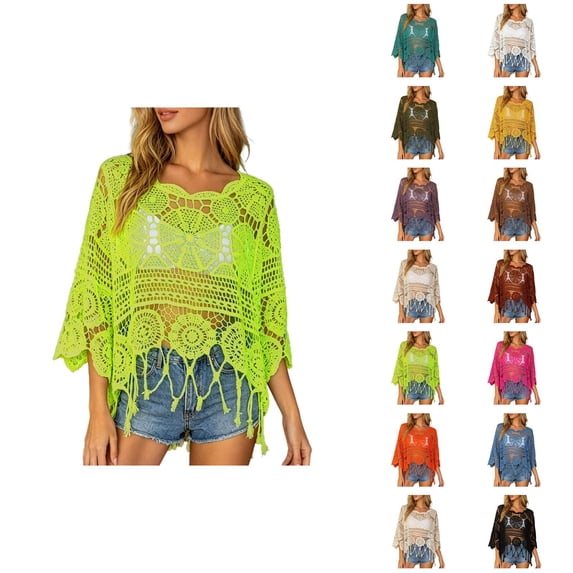Crochet Tops for Women Summer Lightweight Hollow Out Beach Cover Up Solid Color Swimsuit Coverup 3/4 Sleeve Boho Fringe Trim Vacation Sun Shirts
