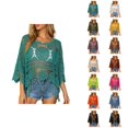 thumbnail image 1 of Crochet Tops for Women Summer Lightweight Hollow Out Beach Cover Up Solid Color Swimsuit Coverup 3/4 Sleeve Boho Fringe Trim Vacation Sun Shirts, 1 of 6
