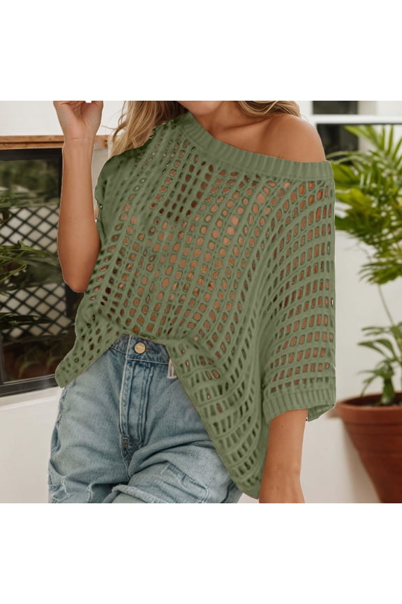 Crochet Tops for Women Summer Scoop Neck Short Sleeve Sweater Casual Hollow Out Knit Tops Pullover Shirts Beach Dark Green 2XL