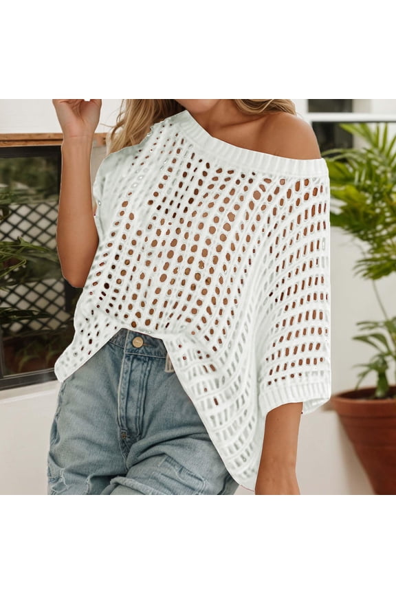 Crochet Tops for Women Summer Scoop Neck Short Sleeve Sweater Casual Hollow Out Knit Tops Pullover Shirts Beach White 2XL