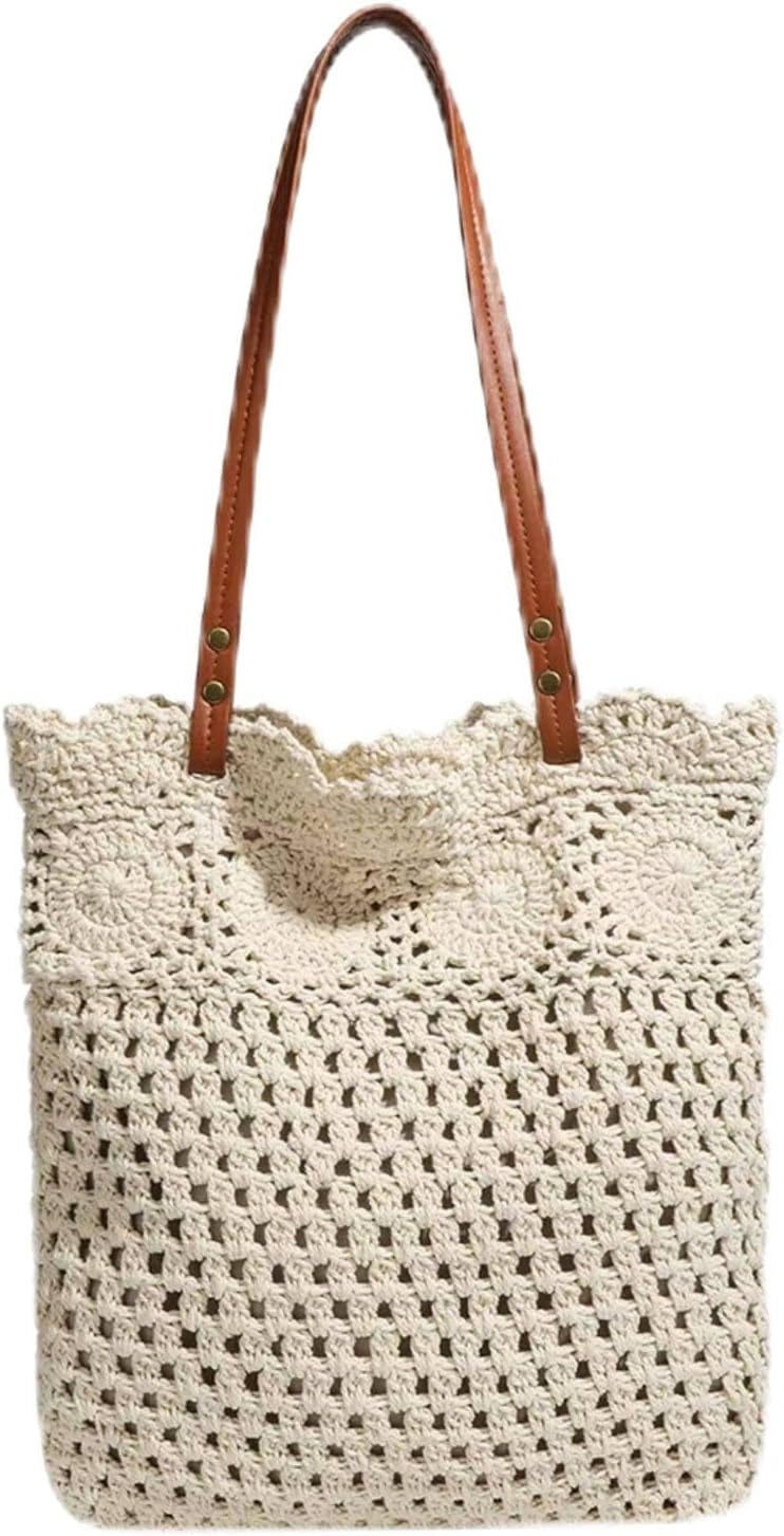Crochet Tote Bag Handwoven Cotton Beach Shoulder Bag with Linen Lining Hobo Summer Vacation Purse for Women (Off-White)