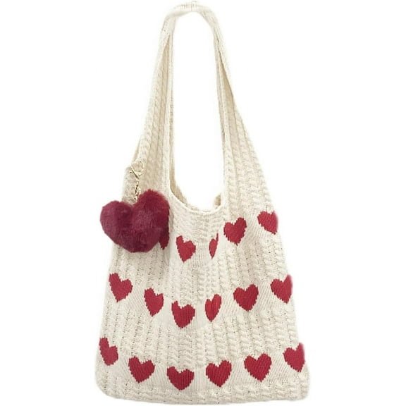 Crochet Tote Bag Heart Tote Cutecore Key Chain Cute Tote Bag Y2K Accessories Shoulder Bag Heart Bag Hobo Bag Y2k Knit