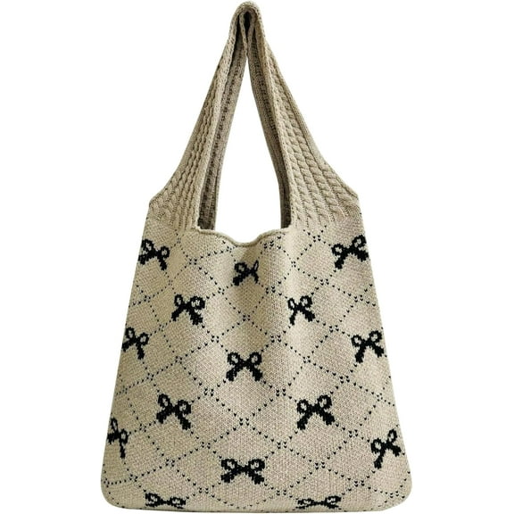 Crochet Tote Bag for Women, Bow Aesthetic Knitted Boho Shoulder Handbag, Cute Travel Tote