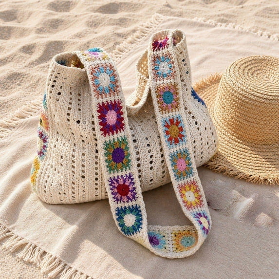 Crochet Tote Bag for Women, Floral Knit Purse, Boho Spring Summer Beach Handbag for Travel and Daily Use