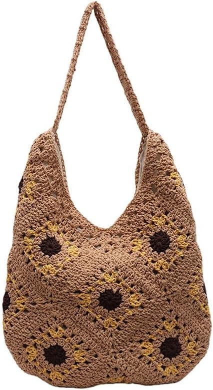 Crochet Tote Bag for Women Straw Flower Shoulder Bag Y2K Summer
