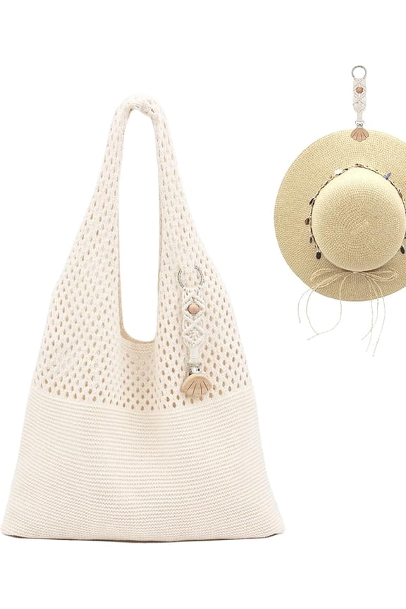 Crochet Tote Bag with Macrame Hat Clip for Travel Women Summer Beach Bag Aesthetic Knit Bag Cute Shoulder Bags
