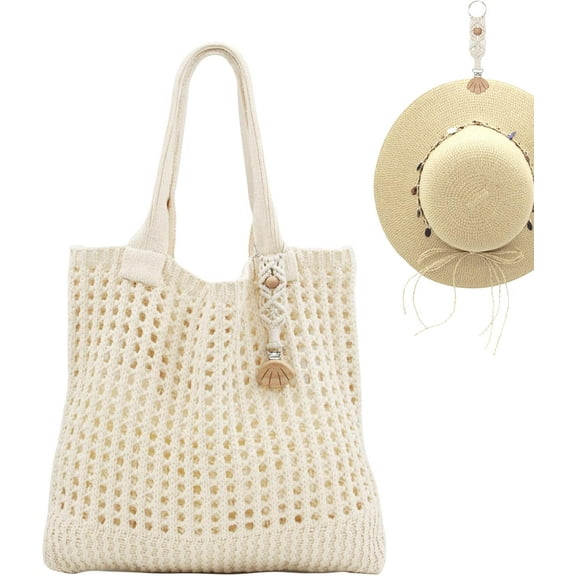 Crochet Tote Bag with Macrame Hat Clip for Travel Women Summer Beach Bag Aesthetic Knit Bag Cute Shoulder Bags