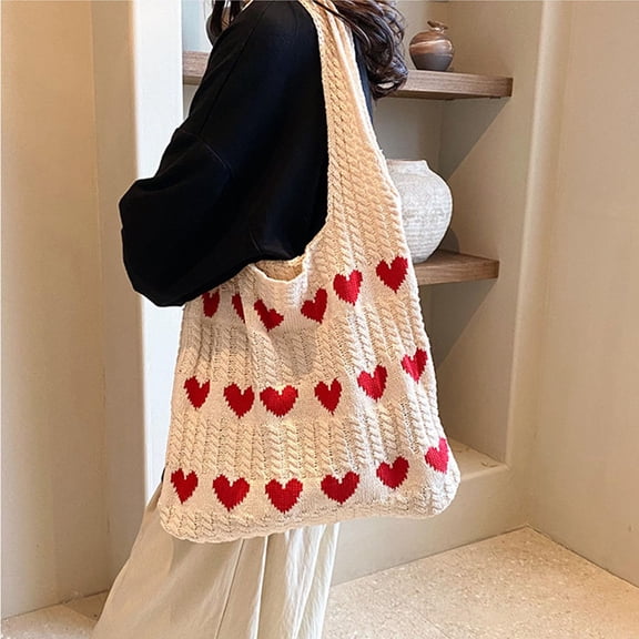Crochet Tote Bag, y2k bag, Cute Heart Beach Tote Y2K Accessories Shoulder Bag Heart Bag, Apricot