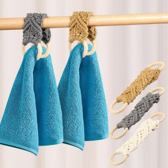 Crochet Towel Holder with Wooden Beech Rings, Hanging Kitchen Dish Towel Hanger Loop for Bathroom Toilet (3 Pack)