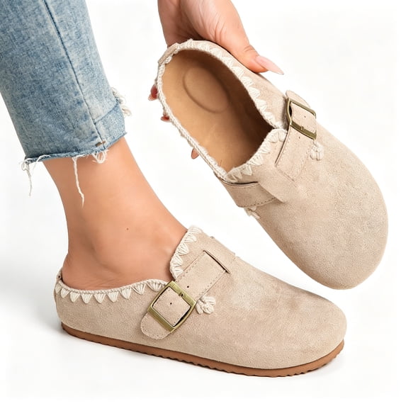 Crochet Trim Buckle Slip On Mule Clog, Synthetic Suede Casual Flat Shoes (Women's)