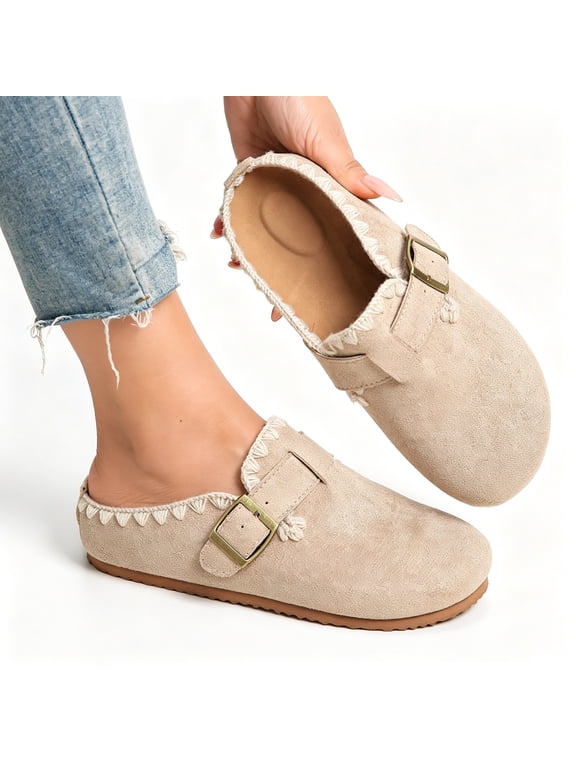 Crochet Trim Buckle Slip On Mule Clog, Synthetic Suede Casual Flat Shoes (Women's)