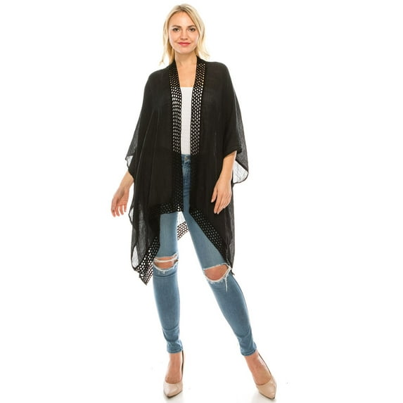 Crochet Trimmed Open Front Kimono Flowy Coverup Viscose Very ComfyBlack