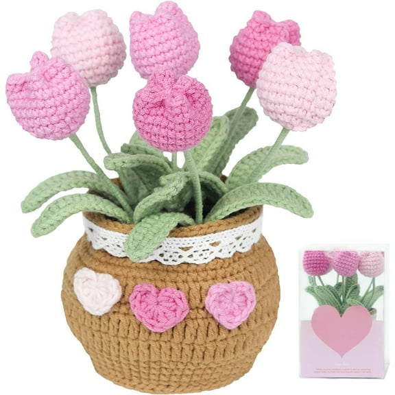 Crochet Tulips Flowers Bouquet Knitted Flower Crocheted Potted Plant Handmade Forever Tulip Pot Crafted Decor