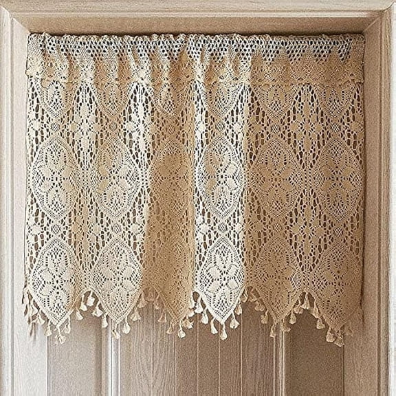 Crochet Valance 35.4 x 15 in, Cotton Half Window Curtain for Kitchen, Beige Farmhouse Valance with Tassels & Hook and Loop Fastener