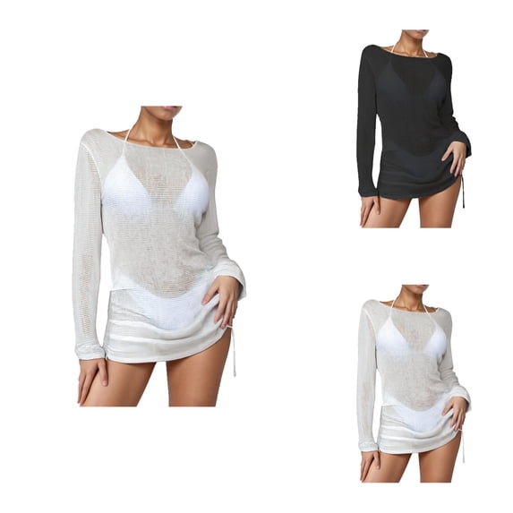 Crochet Womens Swimsuit Cover Up Dress Long Sleeve Hollow Out Mesh Beach Top with Drawstring