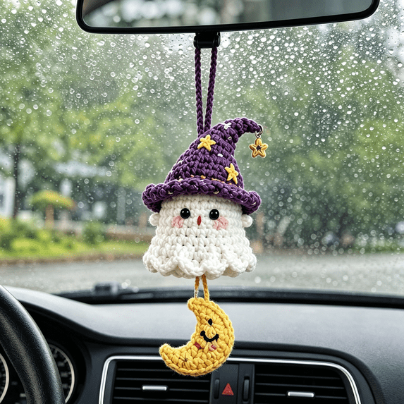 Crochet Yarn Halloween Hanging Ornament, Cute Ghost Pendant for Bag Car Mirror, Handmade Knitted Holiday Decor for Home Window Wall Party Scene, H