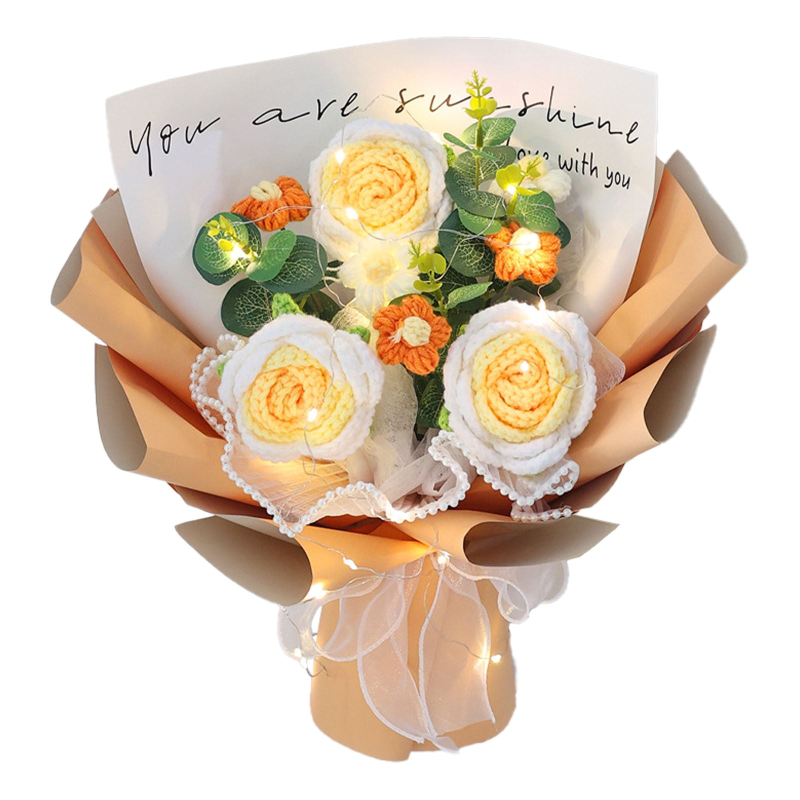 Crochet Yellow Flowers Bouquet Gift for Women, 1pc Handmade Crochet Rose Sunflower Flower, Graduation Bouquet, Artificial Knitted Bouquet with LED Light for Graduation Wedding Gift and Home Decoration
