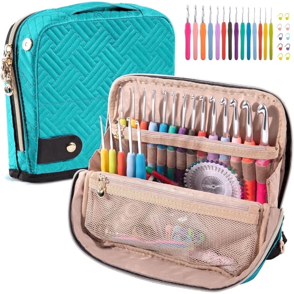 Crochet Kit for Beginners, Ergonomic Crochet Hooks with Organizer Bag, 14 Hooks, 10 Stitch Markers, Teal