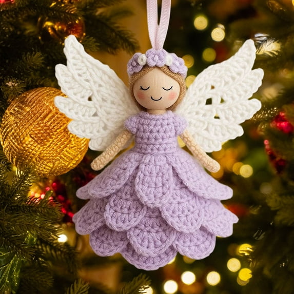 Crocheted Angel Hanging Ornament - Knitted Yarn Pendant Craft Kit, Perfect Christmas Decoration Accessory, DIY-Friendly Material Kit, Cute Tree/Home Decoration, 5.9in/15cm, Purple