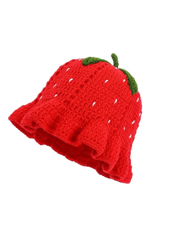 Crocheted Hat for Lady Handwoven Strawberry for Party Prom Vacation Hat Handmade Thick Warm Hat Photo Props