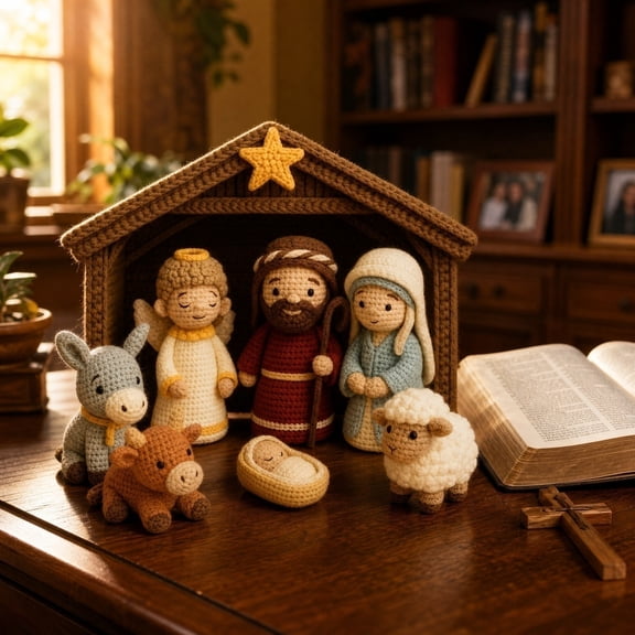 Crocheted Nativity Scene, Handmade Birth Scene Figurines with Manger, 8-Piece Religious Decor Set for Home, Holiday, and Seasonal Display, Perfect for Christmas and Faith-Based Celebrations